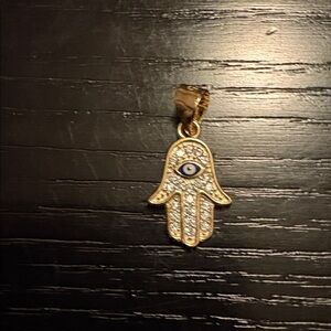 Petite Sterling silver 14k gold plated Gold Hamsa Hand Pendant with Blue EvilEye